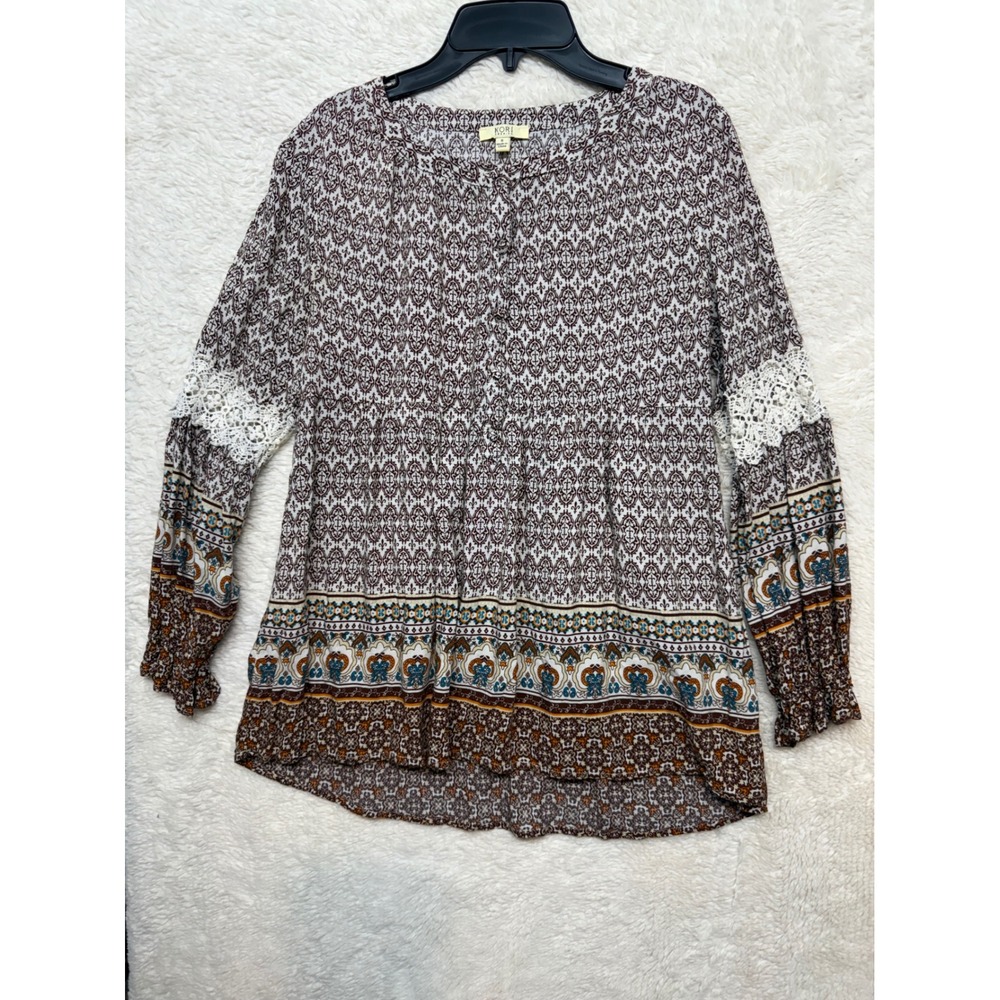 Kori America Blouse Womens S Boho Lace Crochet Damask Print Excellent - Picture 10 of 11